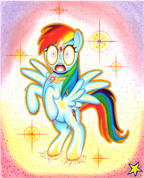 Size: 800x987 | Tagged: safe, artist:ziemospendric, derpibooru import, rainbow dash, pegasus, pony, crossover, element of loyalty, glowing eyes, infinity gems, marvel, open mouth, power gem, rearing, solo, spread wings, traditional art