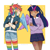 Size: 900x900 | Tagged: safe, artist:rabbitorena, derpibooru import, rainbow dash, twilight sparkle, twilight sparkle (alicorn), alicorn, human, pegasus, :p, alternative cutie mark placement, clothes, cutie mark on human, denim shorts, horned humanization, humanized, plaid skirt, rainbow socks, shorts, silly, skirt, socks, striped socks, sweater, thigh highs, tongue out, winged humanization, wings