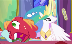 Size: 617x378 | Tagged: safe, big macintosh, princess celestia, alicorn, earth pony, pony, celestimac, exploitable meme, female, fork, forklestia, frown, levitation, lidded eyes, magic, male, meme, open mouth, screaming, shipping, stallion, straight, telekinesis, thought bubble, tongue out, wat, wide eyes