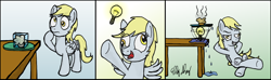 Size: 1920x568 | Tagged: safe, artist:ebbysharp, derpy hooves, atg 2019, cartoon physics, comic, crossed hooves, crossed legs, derp, food, frozen, grin, idea, lightbulb, muffin, newbie artist training grounds, signature, smiling, solo