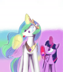 Size: 1863x2140 | Tagged: safe, artist:princessrosemcmitten, princess celestia, twilight sparkle, twilight sparkle (alicorn), alicorn, pony, female, food, glowing horn, ice cream, licking, magic, mare, popsicle, telekinesis, tongue out