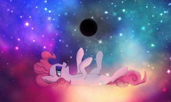 Size: 2000x1191 | Tagged: safe, artist:mrscroup, pinkie pie, earth pony, pony, black hole, eldritch abomination, nebula, on back, open mouth, pinkie physics, smiling, solo, space, stars, tangible heavenly object