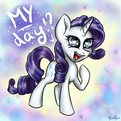 Size: 3024x3024 | Tagged: safe, artist:gaelledragons, rarity, pony, unicorn, cute, dialogue, exclamation point, happy, interrobang, open mouth, question mark, raised hoof, rarity day, signature, solo, text