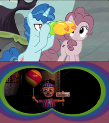 Size: 910x1024 | Tagged: safe, party favor, pinkie pie, earth pony, pony, the cutie map, balloon binoculars, balloon boy, balloon vision, binoculars, exploitable meme, five nights at freddy's, five nights at freddy's 2, meme, pun