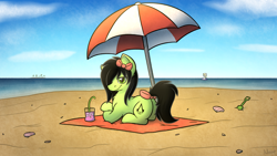 Size: 4500x2531 | Tagged: safe, artist:moemneop, derpy hooves, oc, oc:emerald blade, earth pony, pony, beach, beach umbrella, bow, female, mare, prone, tail bow, when you see it