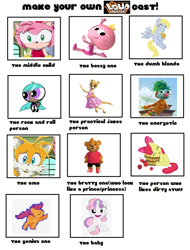 Size: 778x1026 | Tagged: safe, apple bloom, derpy hooves, scootaloo, sweetie belle, earth pony, fox, hedgehog, kangaroo, pegasus, pony, unicorn, abby's flying fairy school, amy rose, bananas in pyjamas, bliss (powerpuff girls 2016), cast meme, crown, cute, diasweetes, excited, eyes closed, female, filly, food, horn, horngasm, jelly jamm, jewelry, miles "tails" prower, morgan teddy bear, muffin, rita, scrunchy face, smiling, sonic the hedgehog (series), teddy bear, the loud house, the powerpuff girls, topsy the kangaroo