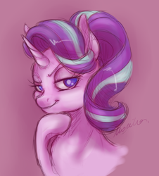 Size: 1320x1460 | Tagged: safe, artist:buttersprinkle, starlight glimmer, pony, unicorn, bust, female, looking at you, mare, no pupils, portrait, raised eyebrow, raised hoof, smug, smuglight glimmer, solo