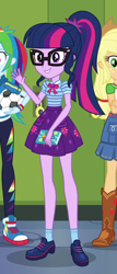 Size: 362x845 | Tagged: safe, derpibooru import, screencap, applejack, rainbow dash, sci-twi, twilight sparkle, better together, equestria girls, forgotten friendship, ball, book, boots, clothes, converse, cowboy boots, cropped, cute, female, football, geode of telekinesis, glasses, legs, magical geodes, offscreen character, pants, ponytail, shoes, skirt, smiling, sneakers, socks, sports, twiabetes, waving