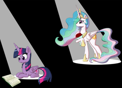 Size: 1200x863 | Tagged: safe, artist:deusexequus, princess celestia, twilight sparkle, twilight sparkle (alicorn), alicorn, pony, book, bouquet, female, flower, lesbian, mare, prone, shipping, spotlight, twilestia