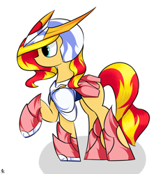 Size: 3385x3622 | Tagged: safe, artist:ruiont, sunset shimmer, pony, unicorn, armor, female, high res, hooves, horn, mare, raised hoof, saint seiya, simple background, solo, white background