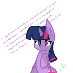 Size: 512x512 | Tagged: artist needed, safe, derpibooru import, twilight sparkle, twilight sparkle (alicorn), alicorn, crying, raised hoof, sitting, smiling, solo, text