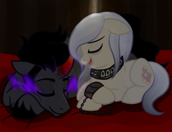 Size: 750x579 | Tagged: safe, artist:tambelon, derpibooru import, king sombra, oc, oc:opalescent pearl, crystal pony, pony, ask opalescent pearl, canon x oc, collar, curved horn, dark magic, magic, shipping, singing, slave, sleeping, sombra eyes, sombralescent, watermark