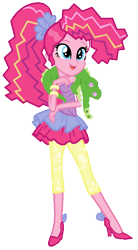 Size: 394x714 | Tagged: safe, artist:lula-sasifrasc, gummy, pinkie pie, equestria girls, friendship through the ages, rainbow rocks, 2000s, alternate hairstyle, bracelet, clothes, high heels, leggings, new wave pinkie, plushie, simple background, skirt, sleeveless, solo, strapless, transparent background
