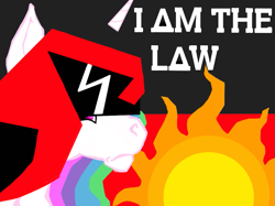 Size: 923x692 | Tagged: safe, artist:firimil, princess celestia, alicorn, pony, crossover, fanfic art, i am the law, judge dredd, judge dreddlestia, solo, sunset shimmer is mad about everything