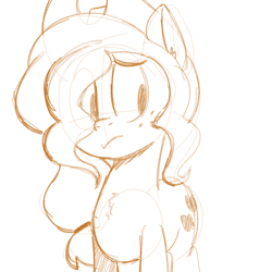 Size: 1000x1000 | Tagged: safe, artist:goat train, applejack, earth pony, pony, alternate hairstyle, frown, hair over one eye, loose hair, monochrome, sketch, solo, worried