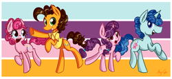 Size: 3000x1376 | Tagged: safe, artist:anggrc, cheese sandwich, party favor, pinkie pie, sugar belle, earth pony, pony, the cutie map, party quartet, party trio