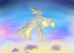 Size: 900x647 | Tagged: safe, artist:kira-minami, derpy hooves, pegasus, pony, female, flying, mare, signature, sky, solo, sunset