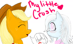 Size: 1600x980 | Tagged: safe, artist:zombiechococherry, applejack, oc, earth pony, pony, applejack's hat, blushing, bust, dialogue, eyes closed, female, freckles, heart, lesbian, open mouth, speech bubble, text