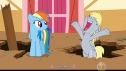 Size: 1024x576 | Tagged: safe, edit, edited screencap, screencap, derpy hooves, rainbow dash, pegasus, pony, the last roundup, alcohol, caption, meme, youtube caption