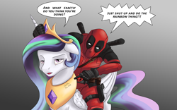 Size: 4000x2500 | Tagged: safe, artist:skodadav, princess celestia, human, pony, absurd resolution, celestia is not amused, crossover, deadpool, human on pony action, humans riding ponies, interspecies, this will end in tears and/or a journey to the moon, unamused