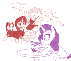 Size: 1100x940 | Tagged: safe, artist:dstears, rarity, surprise, pony, unicorn, crossover, monty python, newbie artist training grounds, spanish inquisition, spit take, unexpected