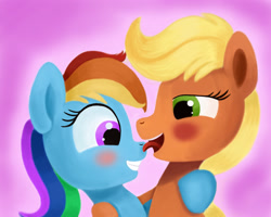 Size: 2362x1890 | Tagged: safe, artist:musikhin, derpibooru import, applejack, rainbow dash, earth pony, pegasus, pony, appledash, female, kissing, lesbian, shipping