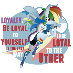 Size: 900x900 | Tagged: safe, artist:lima-hibiki, derpibooru import, rainbow dash, pegasus, pony, equestria girls, element of loyalty, loyalty, quote, solo