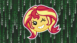 Size: 1920x1080 | Tagged: safe, screencap, sunset shimmer, better together, equestria girls, game stream, emoji, shimmercode, the matrix, written equestrian