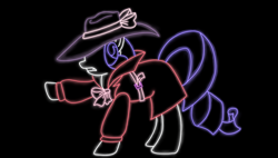 Size: 1500x850 | Tagged: safe, artist:darelith, rarity, pony, unicorn, belt, clothes, coat, detective rarity, glow, hat, minimalist, neon, no eyes