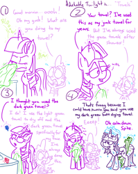 Size: 4779x6013 | Tagged: safe, artist:adorkabletwilightandfriends, spike, starlight glimmer, twilight sparkle, twilight sparkle (alicorn), alicorn, dragon, pony, unicorn, comic:adorkable twilight and friends, adorkable, adorkable twilight, bathroom, blowing nose, butt, comic, cute, dat towelin', dork, eye drops, glowing horn, horn, humor, magic, nose blowing, nostrils, rag, routine, shocked, shower, slice of life, snot, surprised, telekinesis, towel, upset, wet