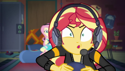 Size: 1920x1080 | Tagged: safe, screencap, fluttershy, sunset shimmer, better together, equestria girls, game stream, gamer sunset, headphones, headset, psycho gamer sunset, sunset gamer