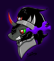 Size: 1600x1836 | Tagged: safe, artist:ckittykat98, derpibooru import, king sombra, pony, unicorn, bust, curved horn, dark magic, grin, magic, smiling, solo, sombra eyes