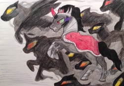 Size: 2188x1534 | Tagged: safe, artist:moonsong18, derpibooru import, king sombra, pony, umbrum, unicorn, dark magic, magic, rearing, shadow, shadow pony, sombra eyes, traditional art