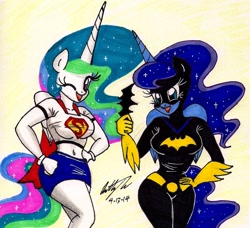 Size: 1330x1215 | Tagged: safe, artist:newyorkx3, princess celestia, princess luna, anthro, batgirl, batluna, belly button, breasts, clothes, cosplay, costume, duo, female, midriff, miniskirt, princess balloona, princess breastia, royal sisters, skirt, supelestia, supergirl, traditional art