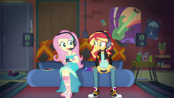 Size: 1920x1080 | Tagged: safe, screencap, fluttershy, sunset shimmer, better together, equestria girls, game stream, clothes, converse, feet, gamer sunset, gamershy, headphones, headset, jeans, pants, sandals, shoes, sneakers, sunset gamer, sunset's apartment
