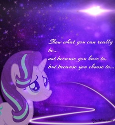 Size: 1262x1367 | Tagged: safe, artist:z3bradan, starlight glimmer, unicorn, female, galaxy, lens flare, mare, neon, purple, purple background, quote, simple background, solo, stars, wallpaper