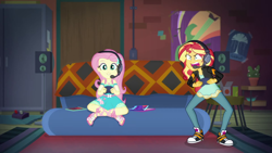 Size: 1920x1080 | Tagged: safe, screencap, fluttershy, sunset shimmer, better together, equestria girls, game stream, clothes, converse, feet, gamer sunset, gamershy, headphones, headset, jeans, pants, psycho gamer sunset, sandals, shoes, sneakers, sunset gamer, sunset's apartment