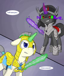 Size: 500x591 | Tagged: safe, artist:inkie-heart, derpibooru import, king sombra, pony, unicorn, armor, dark magic, glowing horn, levitation, magic, royal guard, sombra eyes, telekinesis, weapon