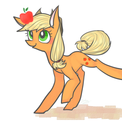 Size: 600x600 | Tagged: safe, artist:shining-dog, applejack, earth pony, pony, apple, balancing, blushing, cute, eyes on the prize, jackabetes, raised hoof, raised leg, smiling, solo