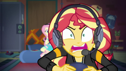 Size: 1920x1080 | Tagged: safe, screencap, fluttershy, sunset shimmer, better together, equestria girls, game stream, gamer sunset, headphones, headset, psycho gamer sunset, shrunken pupils, sunset gamer