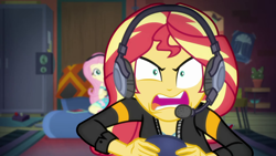 Size: 1920x1080 | Tagged: safe, screencap, fluttershy, sunset shimmer, better together, equestria girls, game stream, gamer sunset, headphones, headset, psycho gamer sunset, rage, rageset shimmer, shrunken pupils, sunset gamer