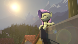 Size: 1920x1080 | Tagged: safe, artist:indexpony, fluttershy, pegasus, pony, 3d, balcony, canterlot, happy, lens flare, solo, sun