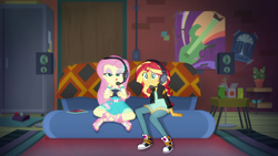 Size: 1920x1080 | Tagged: safe, screencap, fluttershy, sunset shimmer, better together, equestria girls, game stream, converse, gamer sunset, gamershy, headphones, headset, shoes, sneakers, sunset gamer, sunset's apartment, tongue out