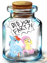 Size: 1500x2000 | Tagged: safe, artist:netoey, derpibooru import, fluttershy, rainbow dash, pegasus, pony, angry, blushing, bottle, cute, embarrassed, floppy ears, glare, implied farting, open mouth, pony in a bottle, sad, sitting, this will end in death, wide eyes