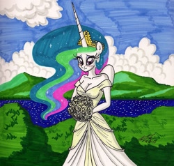 Size: 1577x1503 | Tagged: safe, artist:newyorkx3, princess celestia, anthro, blushing, breasts, bride, cleavage, clothes, dress, female, flower, looking at you, solo, this will end with war, traditional art, waifu, wedding dress, wife