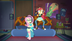 Size: 1920x1080 | Tagged: safe, screencap, fluttershy, sunset shimmer, better together, equestria girls, game stream, converse, gamer sunset, gamershy, headphones, headset, psycho gamer sunset, shoes, sneakers, sunset gamer, sunset's apartment