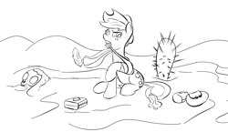 Size: 1344x782 | Tagged: safe, artist:rubrony, applejack, earth pony, pony, cactus, dead, desert, monochrome, skull, solo