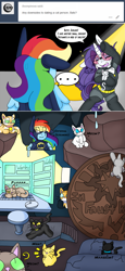 Size: 1275x2770 | Tagged: safe, artist:blackbewhite2k7, derpibooru import, rainbow dash, rarity, cat, pegasus, pony, unicorn, ask, batcave, batcomputer, batman, batmare, catwoman, comic, crossover, dramatic, female, giant penny, internal screaming, lesbian, raridash, shipping, tumblr