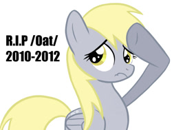 Size: 900x680 | Tagged: safe, derpy hooves, pegasus, pony, /oat/, 2010, 2012, cute, derpabetes, female, mare, ponychan, rest in peace, sad, solo