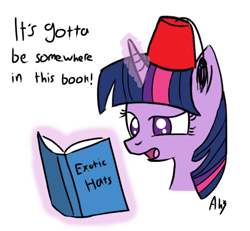 Size: 766x709 | Tagged: safe, artist:datahmedz, derpibooru import, twilight sparkle, book, fez, hat, magic, reading, solo